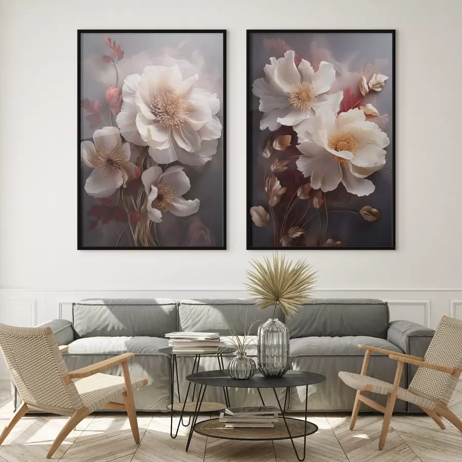 Papier peint Pivoines délicates aux pétales fins et vaporeux, entourées de feuilles rouge foncé et jaunes sur fond abstrait. d01243