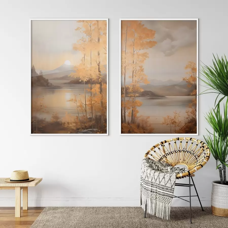 Papier peint Des arbres aux feuilles orange, caractéristiques de l'automne, encadrent un lac paisible avec des montagnes lointaines sous un ciel nuageux. d01246