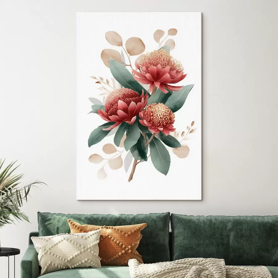 Tableau Bouquet expressif composé de protéas et de feuillages décoratifs dans un style illustratif moderne. s46954