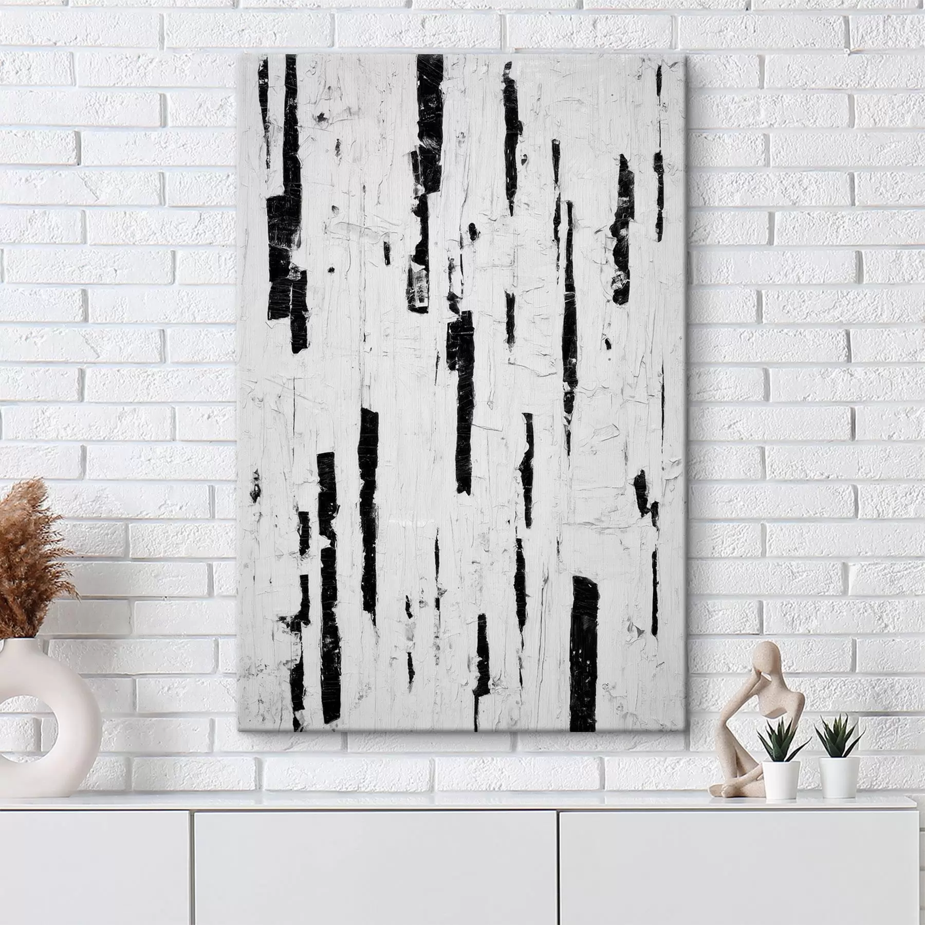 Tableau Composition abstraite avec des traits verticaux noirs sur fond blanc, dans un style peinture à l'huile. s46956