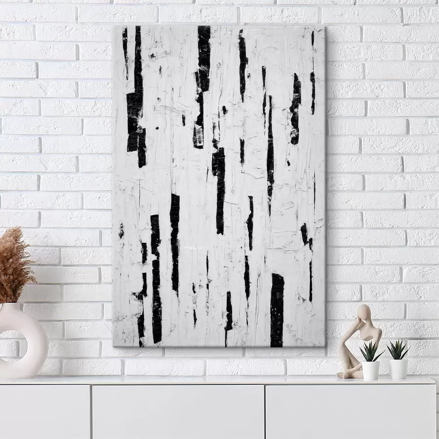 Tableau Composition abstraite avec des traits verticaux noirs sur fond blanc, dans un style peinture à l'huile. s46956