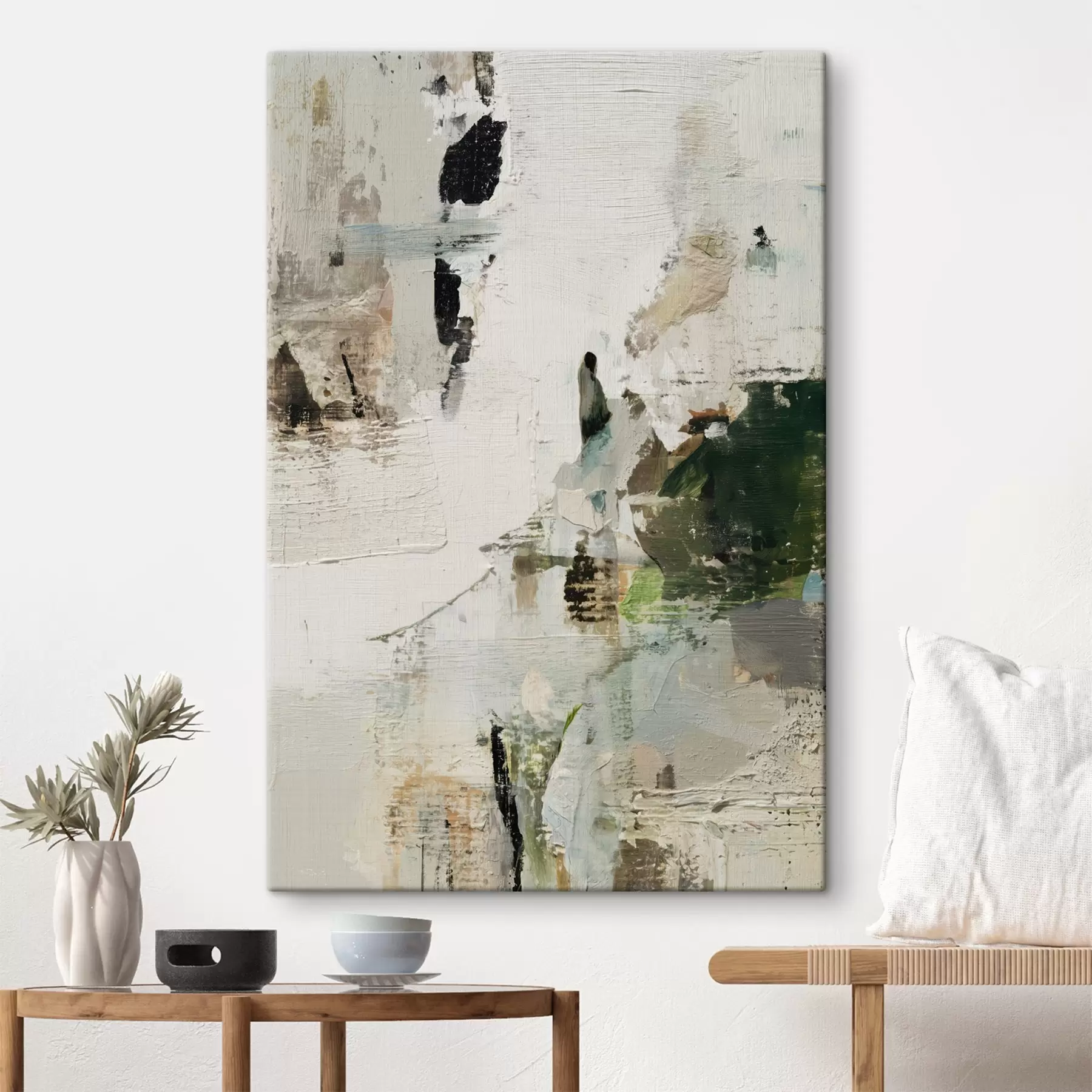 Tableau Composition abstraite dans des tons pastel avec des accents vert foncé dans un style peinture à l'huile s46960