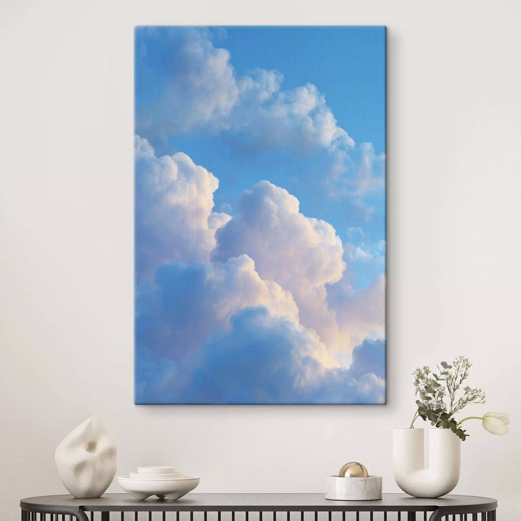 Tableau Des nuages volumineux dans une palette de couleurs douces bleues et roses, dans un style graphique numérique photoréaliste. s47088