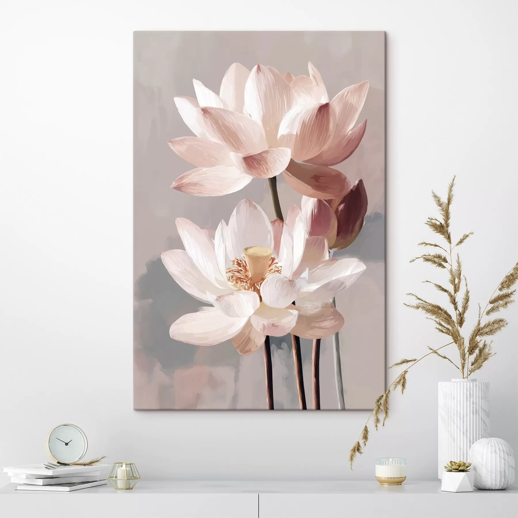 Tableau Lotus roses délicats sur fond pastel dans un style pictural moderne s47092
