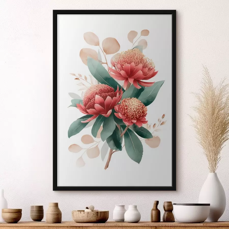 Papier peint Bouquet expressif composé de protéas et de feuillages décoratifs dans un style illustratif moderne. f46954