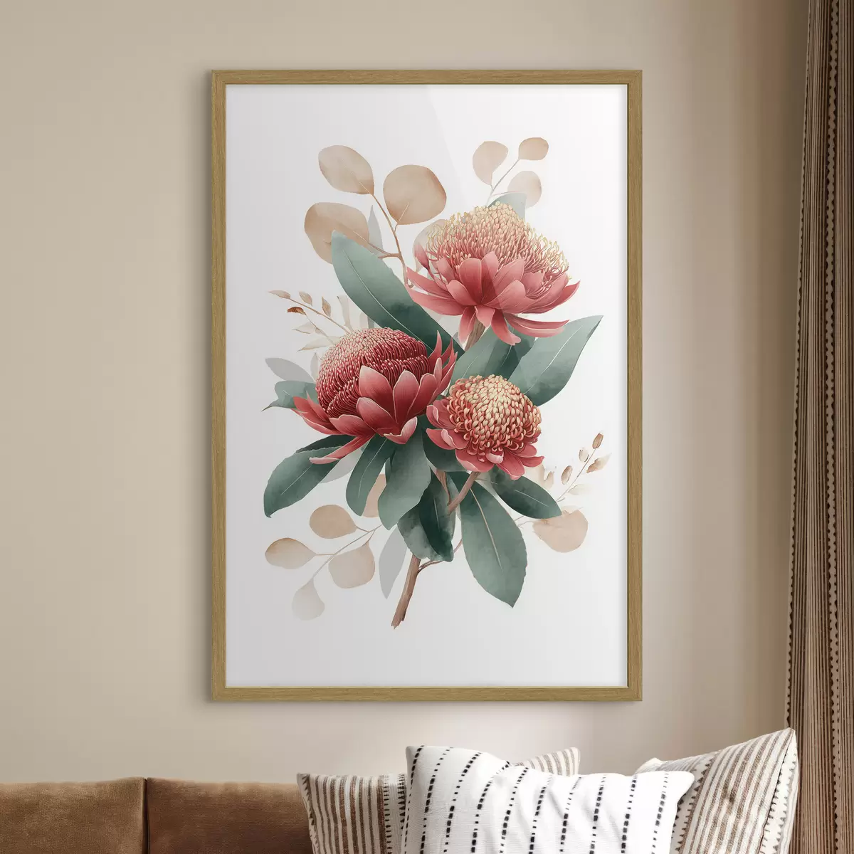 Poster Bouquet expressif composé de protéas et de feuillages décoratifs dans un style illustratif moderne. f46954