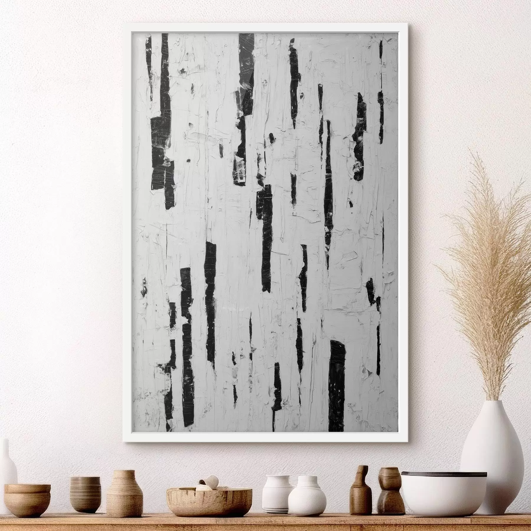 Papier peint Composition abstraite avec des traits verticaux noirs sur fond blanc, dans un style peinture à l'huile. f46956