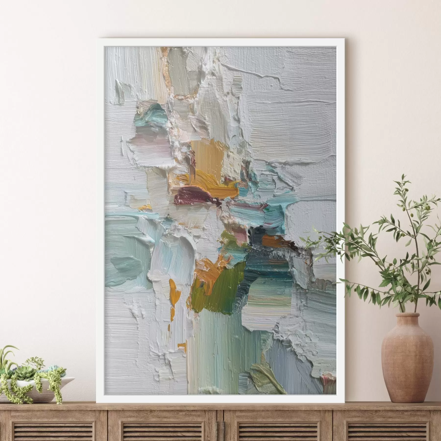 Papier peint Composition avec des accents turquoise et orange dans un style peinture à l'huile f46958