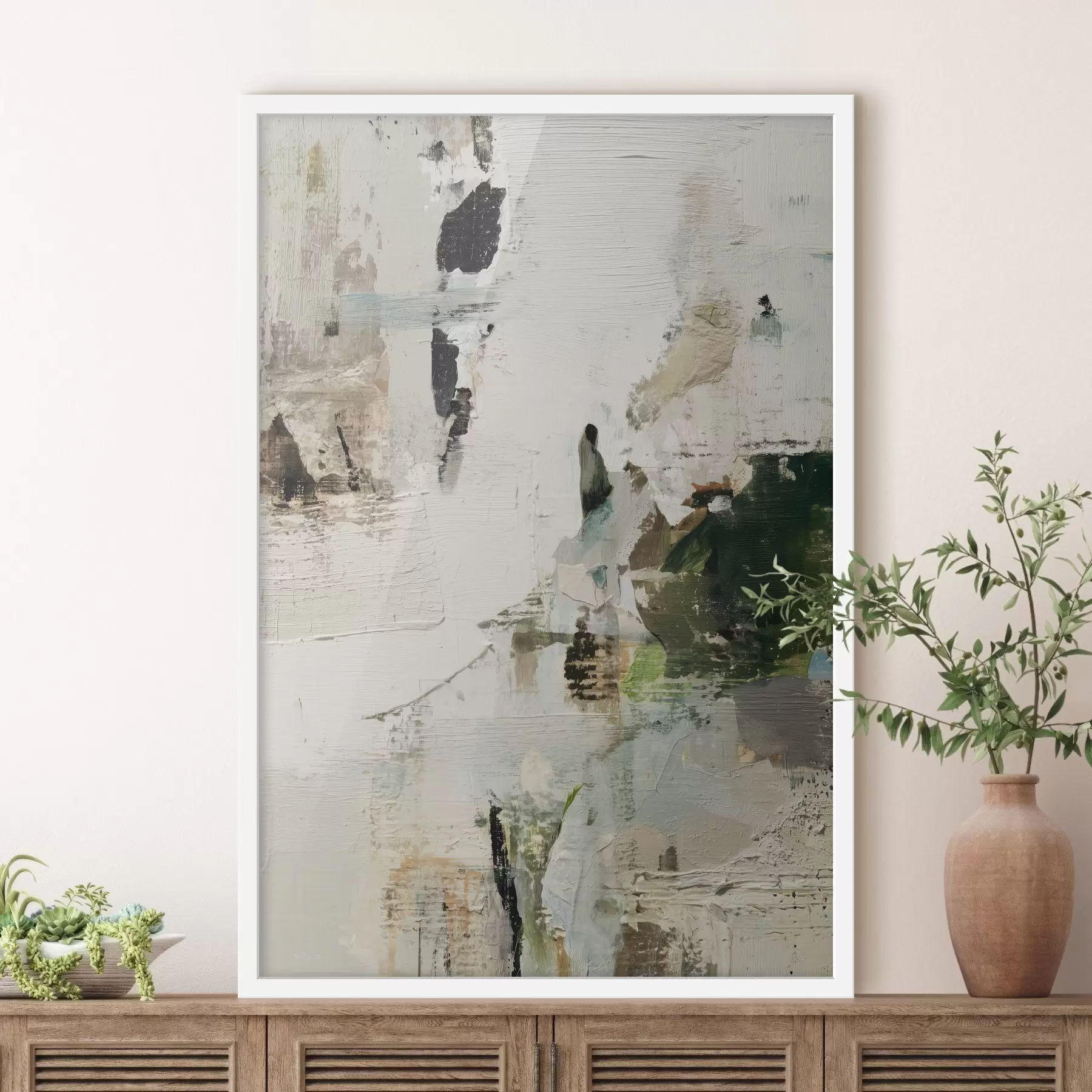 Papier peint Composition abstraite dans des tons pastel avec des accents vert foncé dans un style peinture à l'huile f46960