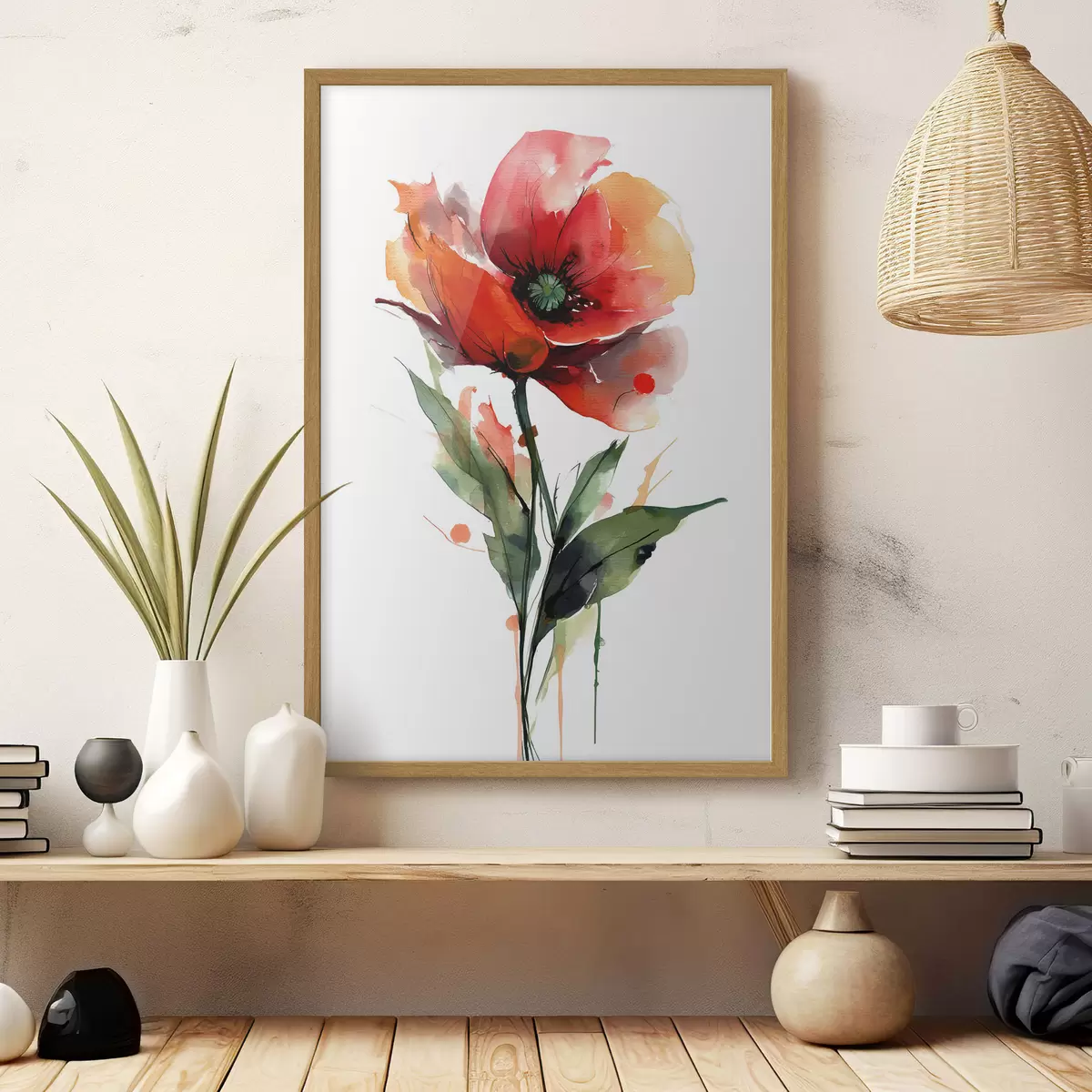Poster Fleur de pavot avec des coulures expressives de peinture aquarelle dans un style d'illustration d'art moderne f47086