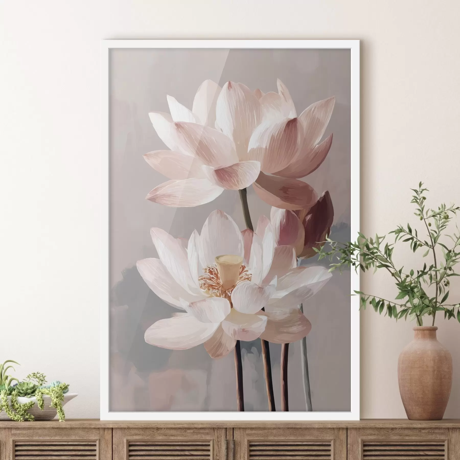 Papier peint Lotus roses délicats sur fond pastel dans un style pictural moderne f47092