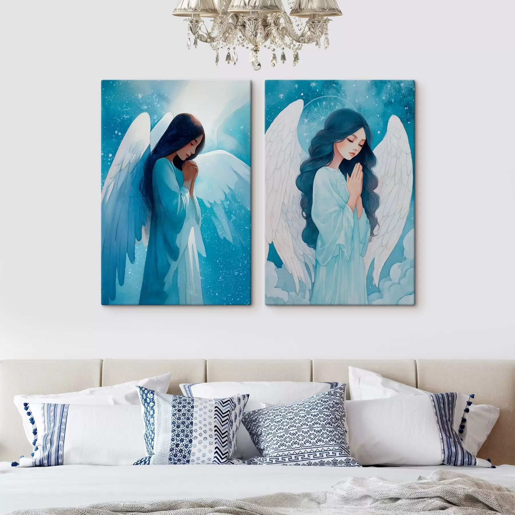 Tableau Art sacré moderne dans un style aquarelle représentant un ange gardien vêtu d'une robe bleue. m01153