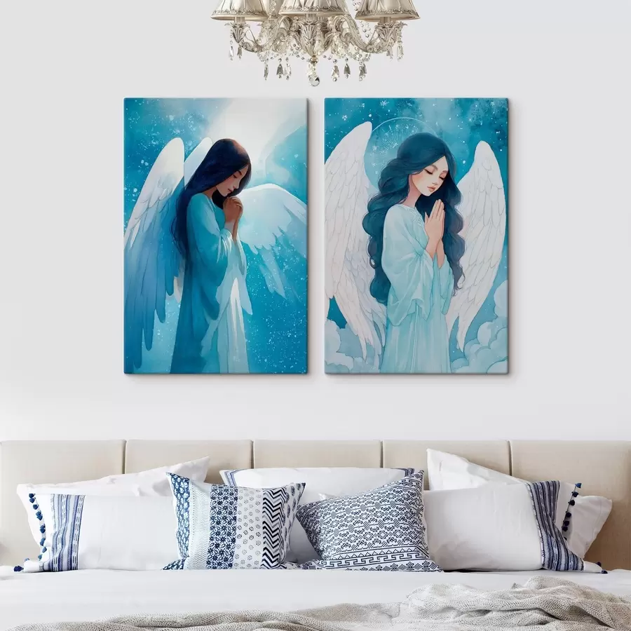 Tableau Art sacré moderne dans un style aquarelle représentant un ange gardien vêtu d'une robe bleue. m01153