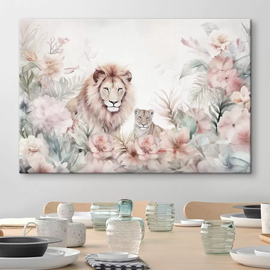 Tableau Lions dans les fourrés tropicaux, imitation aquarelle s47640