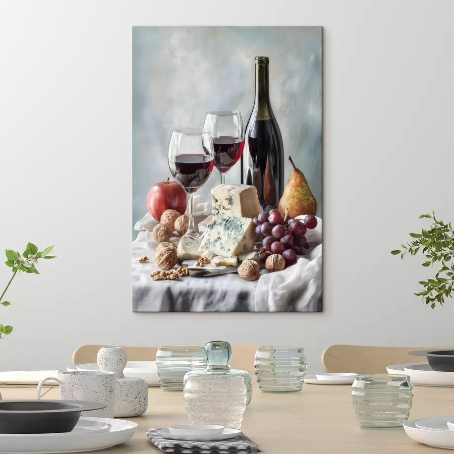 Tableau nature morte avec vin, fromage et noix s47686