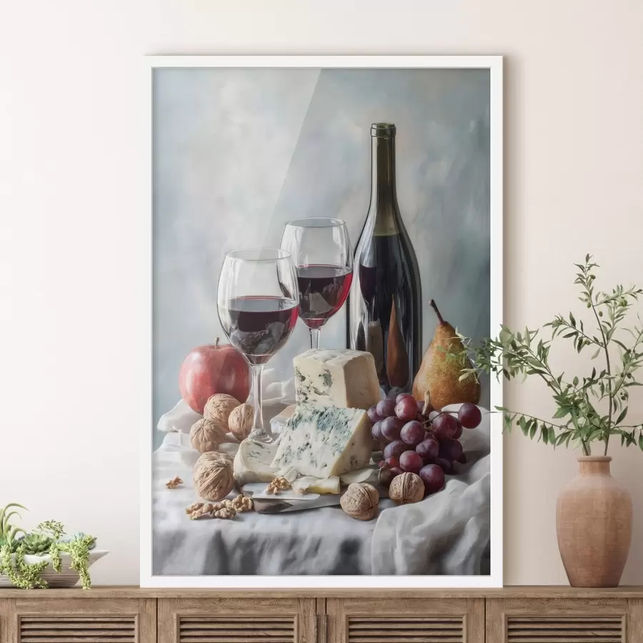 Papier peint nature morte avec vin, fromage et noix f47686