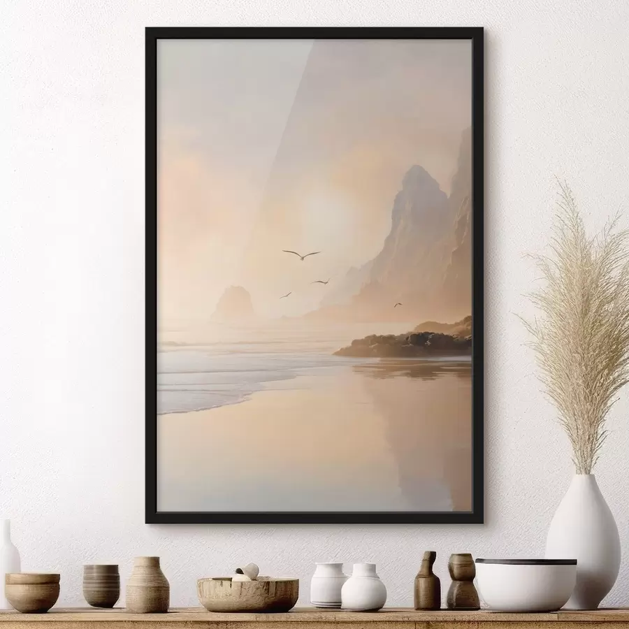 Papier peint aube océanique avec les montagnes en toile de fond f47690