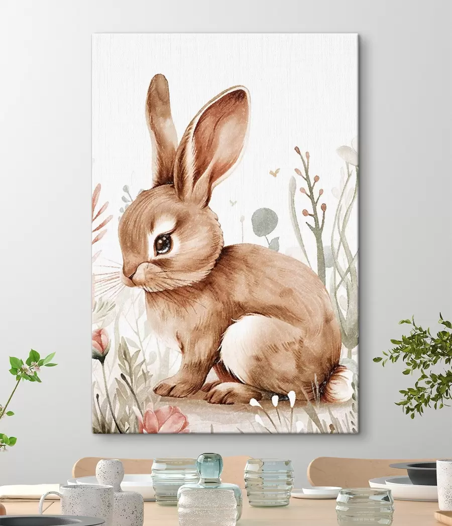 Tableau Adorable lapin dans les fleurs, effet crayonné s47741