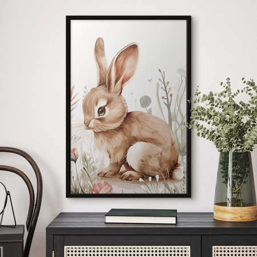 Papier peint Adorable lapin dans les fleurs, effet crayonné f47741