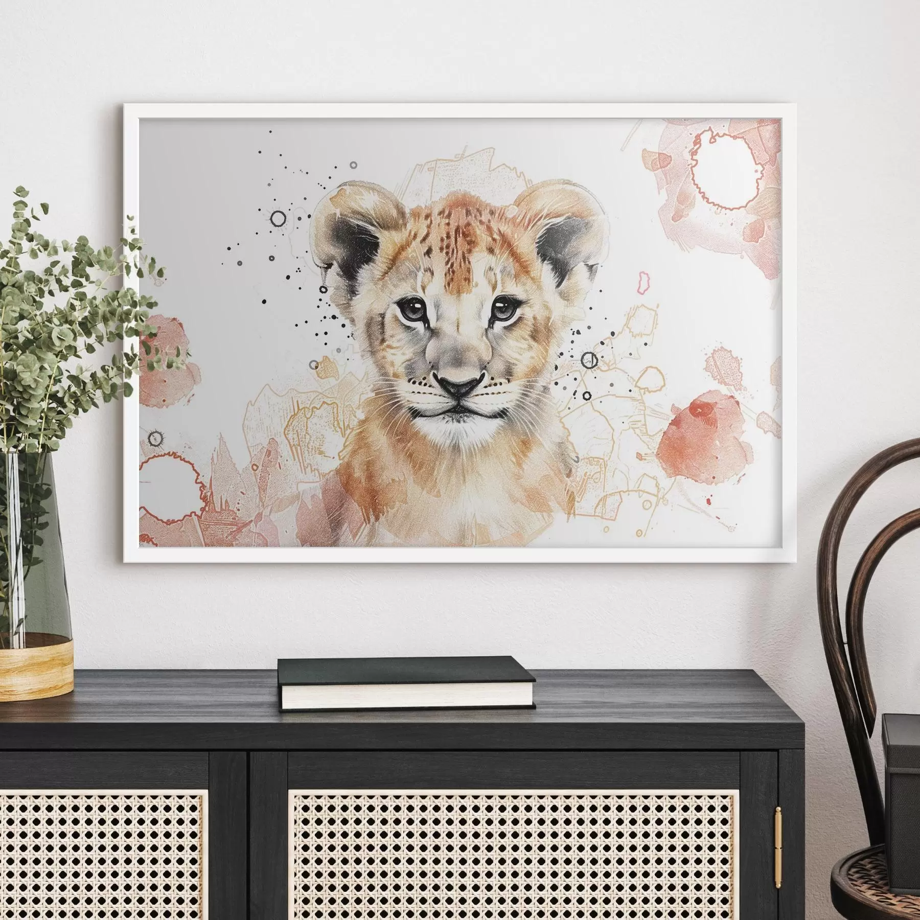 Papier peint Lionceau aquarelle, effet crayonné f47742