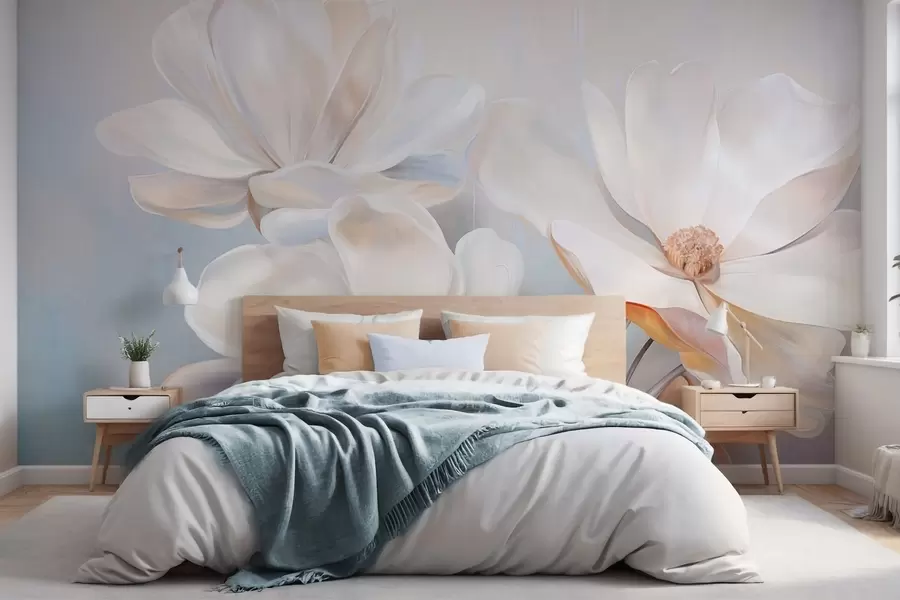 Papier peint Fleurs de magnolia blanches fantaisistes aux pétales délicatement texturés, sur fond abstrait et doux. w09373