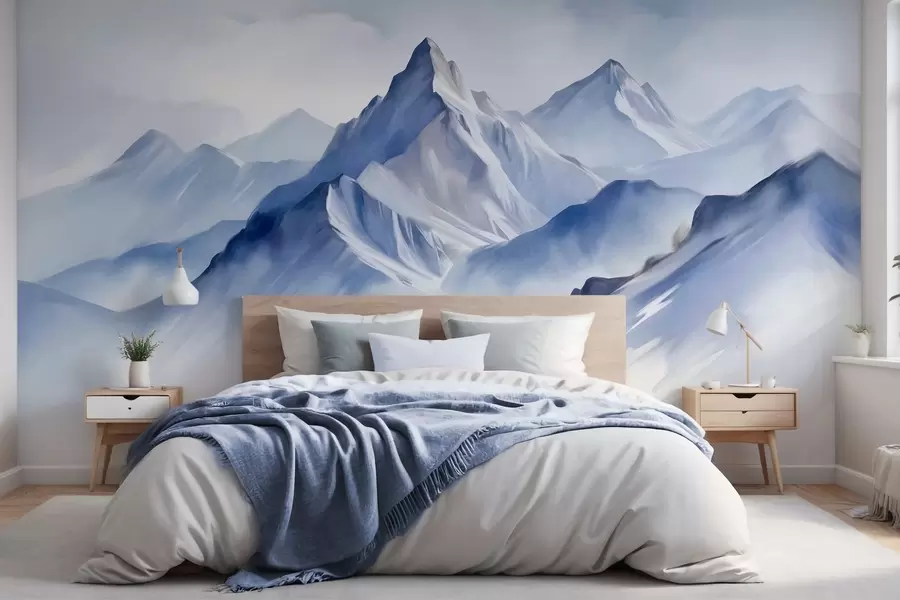Papier peint Montagnes enneigées texturées avec un effet aquarelle doux et une palette de bleus et de blancs w09630