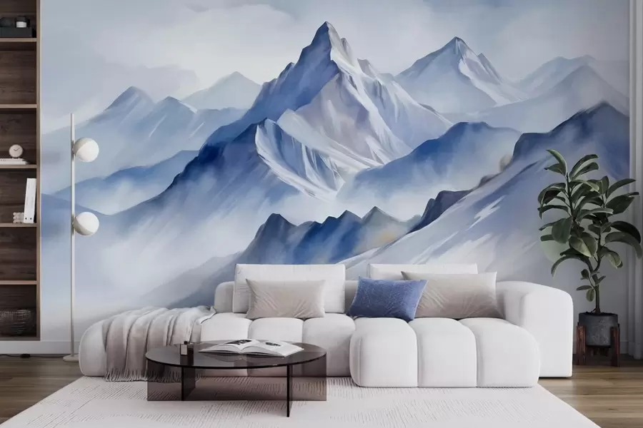 Papier peint Montagnes enneigées texturées avec un effet aquarelle doux et une palette de bleus et de blancs w09630