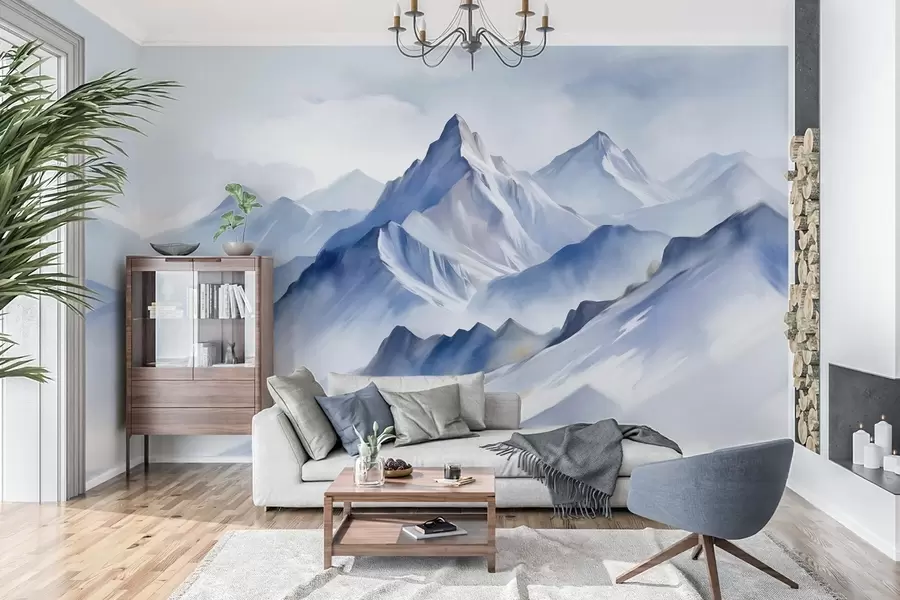 Papier peint Montagnes enneigées texturées avec un effet aquarelle doux et une palette de bleus et de blancs w09630