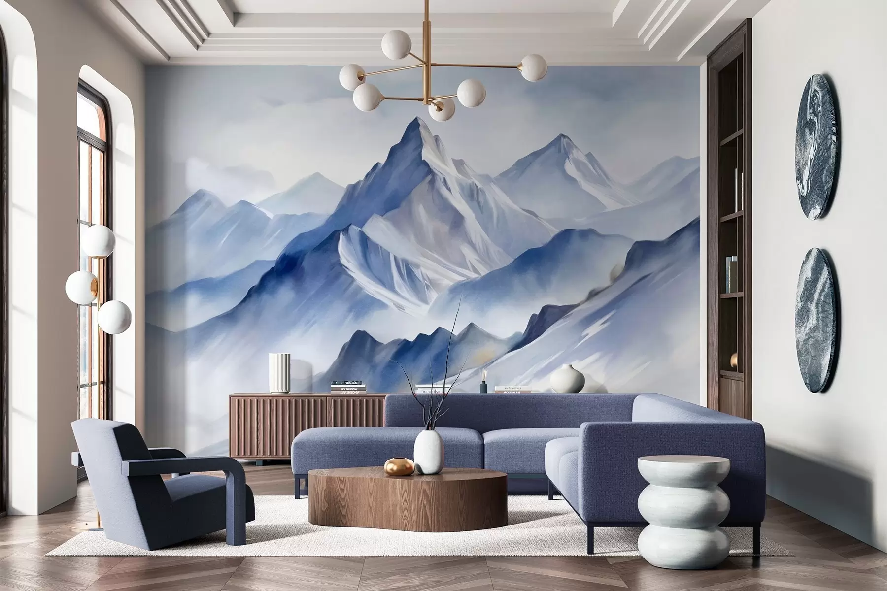 Papier peint Montagnes enneigées texturées avec un effet aquarelle doux et une palette de bleus et de blancs w09630