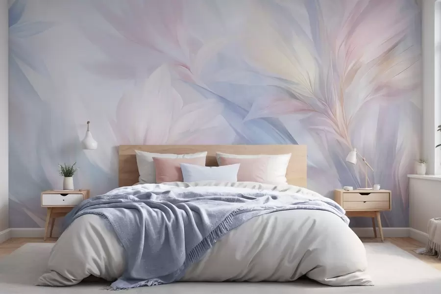 Papier peint Feuilles et plumes douces aux couleurs pastel dans les tons rose, bleu et jaune, imprimé abstrait et texturé w09634