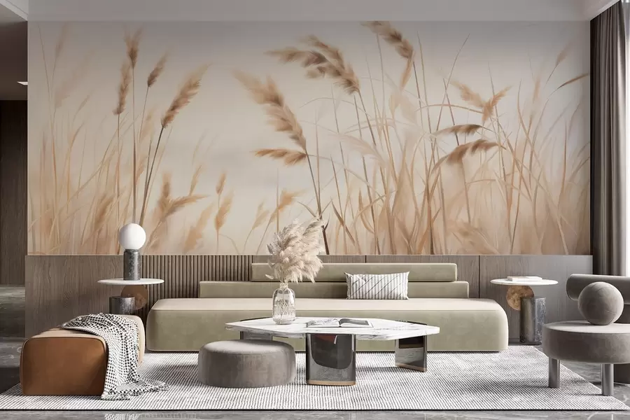 Papier peint Hautes herbes sèches et texturées avec des épis de blé dans le champ sur un fond doux et pâle w09648