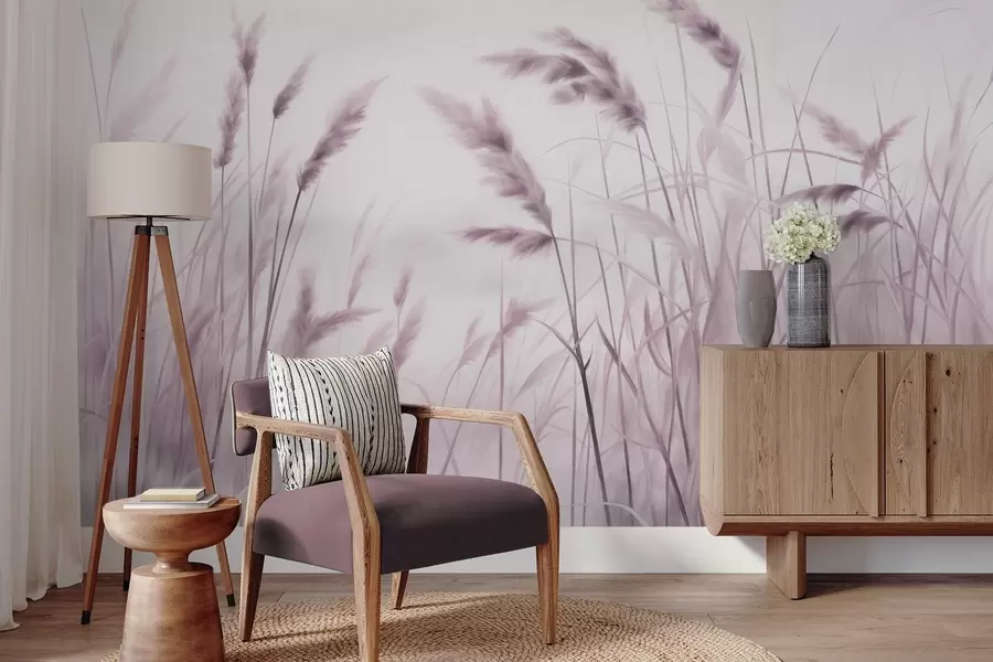 Papier peint Hautes herbes sèches et texturées avec des épis de blé dans le champ sur un fond doux et pâle w09648v2