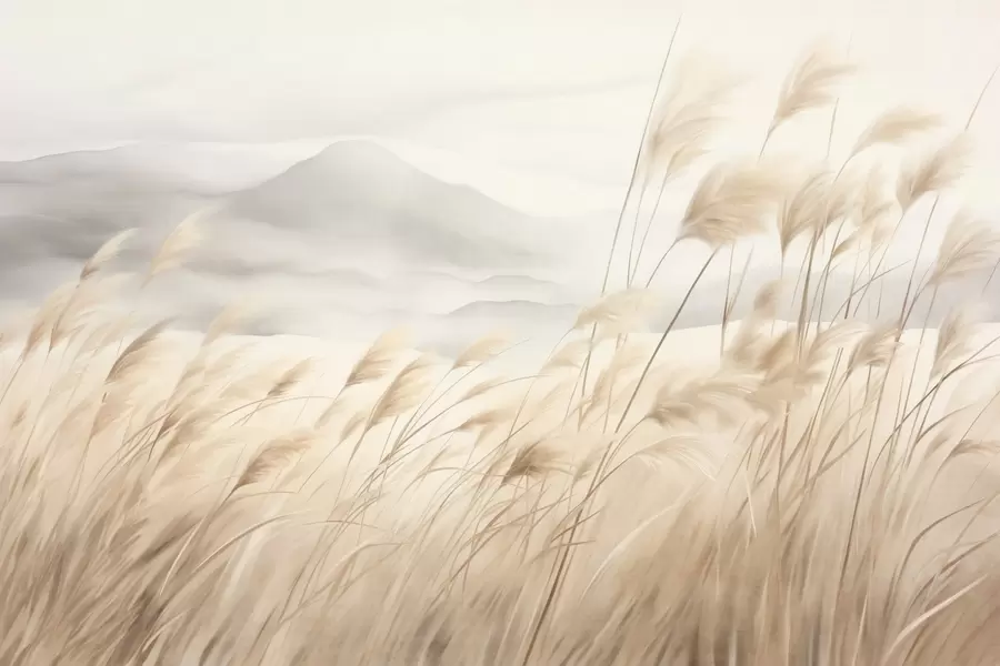 Papier peint Paysage montagneux texturé avec de hautes herbes sèches sous un ciel brumeux w09649