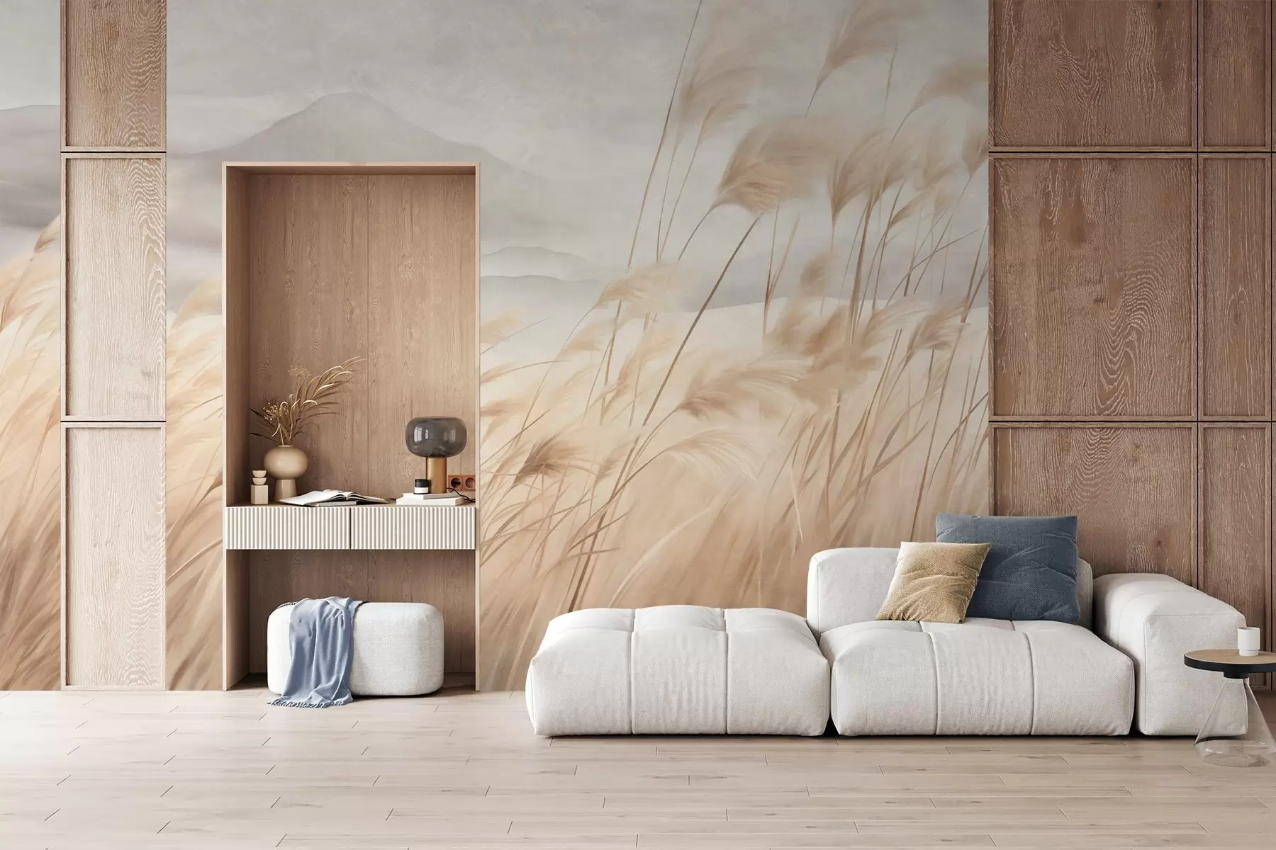 Papier peint Paysage montagneux texturé avec de hautes herbes sèches sous un ciel brumeux w09649