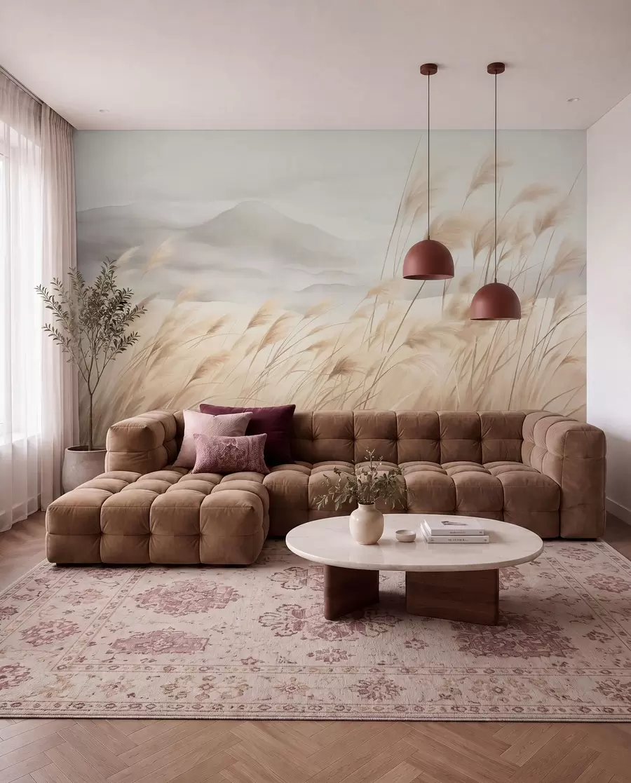 Papier peint Paysage montagneux texturé avec de hautes herbes sèches sous un ciel brumeux w09649