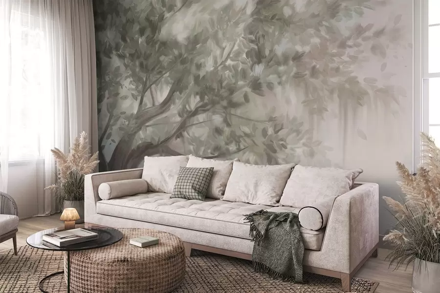 Papier peint Arbre texturé avec des feuilles et des branches vert clair, sur un fond doux et flou w09650