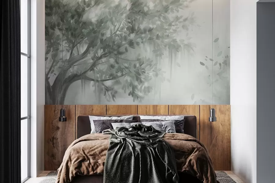 Papier peint Arbre texturé avec des feuilles et des branches vertes, sur un fond doux et flou w09650v1