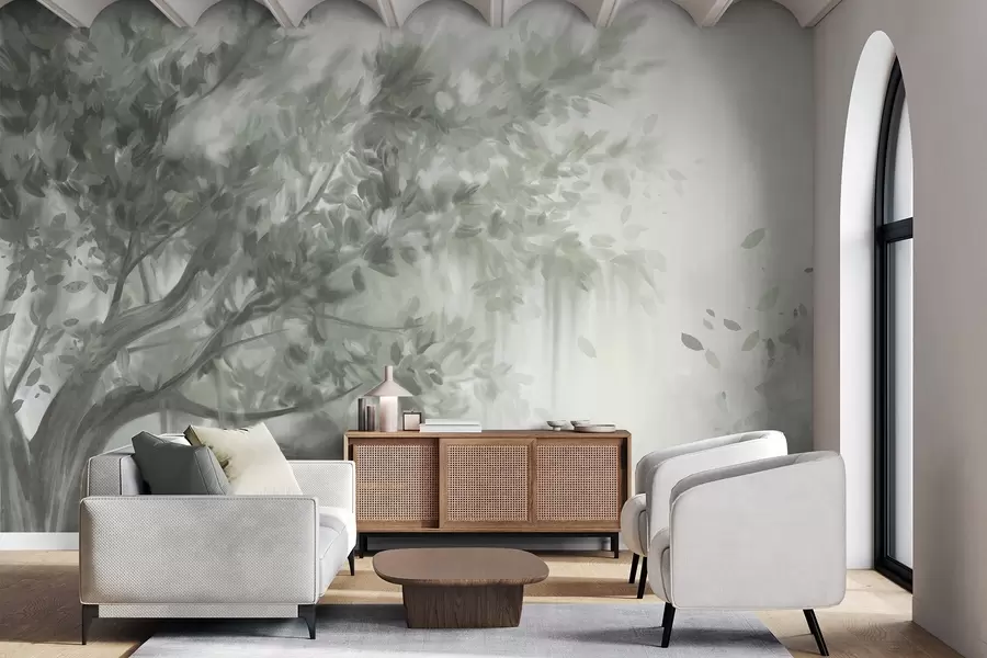 Papier peint Arbre texturé avec des feuilles et des branches vertes, sur un fond doux et flou w09650v1