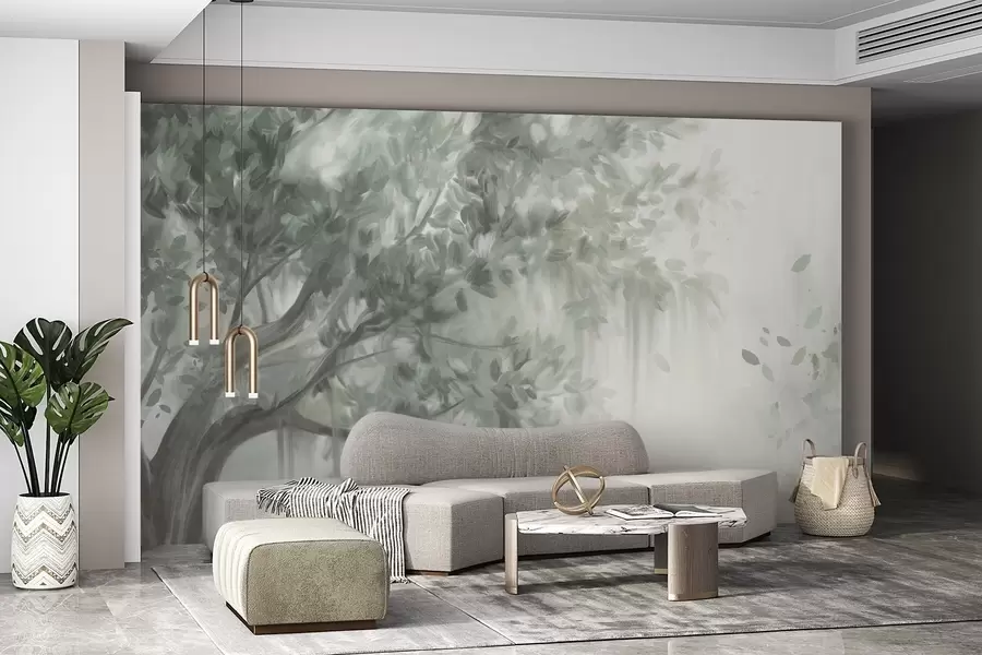 Papier peint Arbre texturé avec des feuilles et des branches vertes, sur un fond doux et flou w09650v1