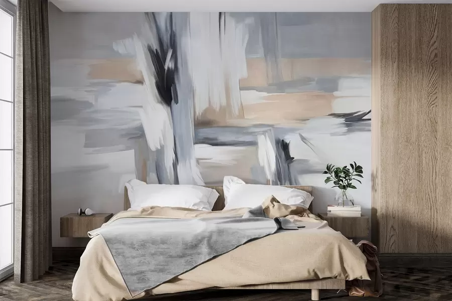 Papier peint Peinture abstraite texturée avec des coups de pinceau dans des tons de blanc, gris et beige w09651