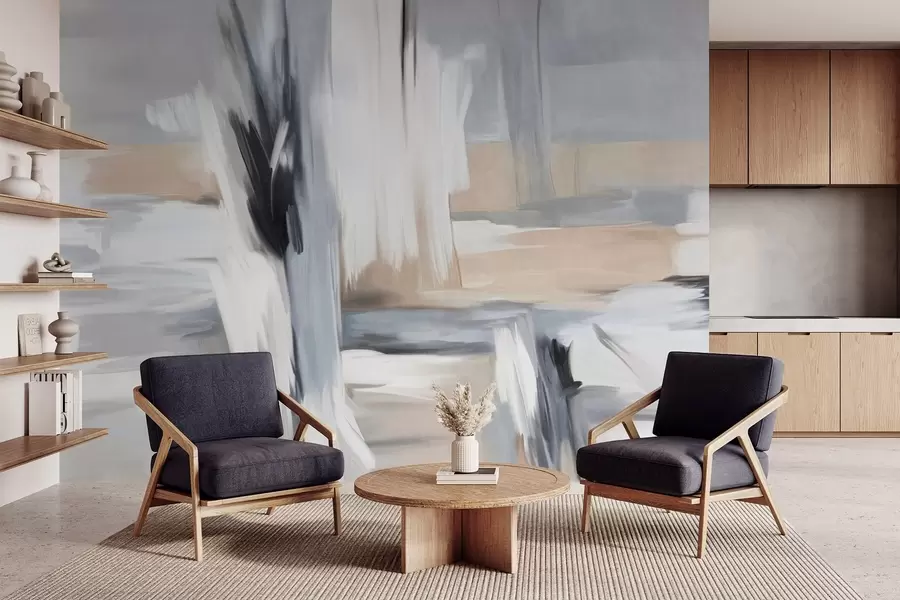 Papier peint Peinture abstraite texturée avec des coups de pinceau dans des tons de blanc, gris et beige w09651