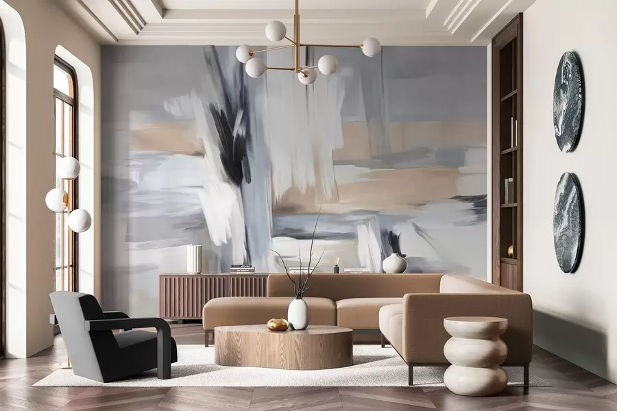 Papier peint Peinture abstraite texturée avec des coups de pinceau dans des tons de blanc, gris et beige w09651