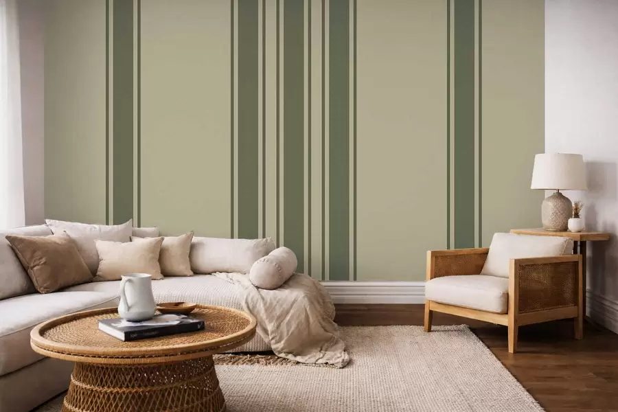Papier peint Rayures verticales dans une palette de couleurs vert et beige discrets w05098