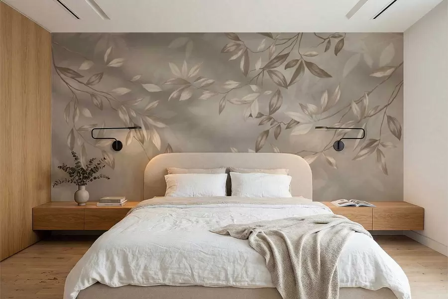 Papier peint Élégantes branches feuillues dans des tons beiges sur fond clair w05113