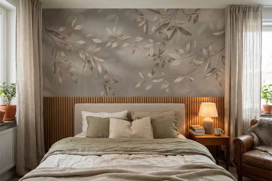 Papier peint Élégantes branches feuillues dans des tons beiges sur fond clair w05113