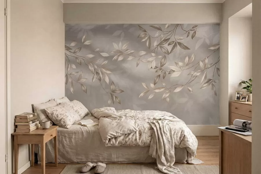 Papier peint Élégantes branches feuillues dans des tons beiges sur fond clair w05113