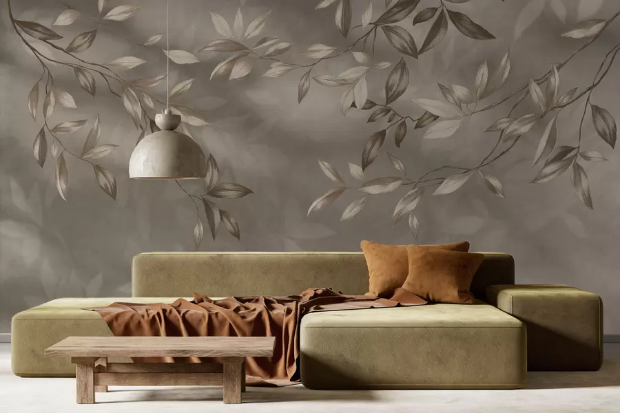 Papier peint Branches délicates et feuillues dans des tons beiges sur fond clair w05113v2