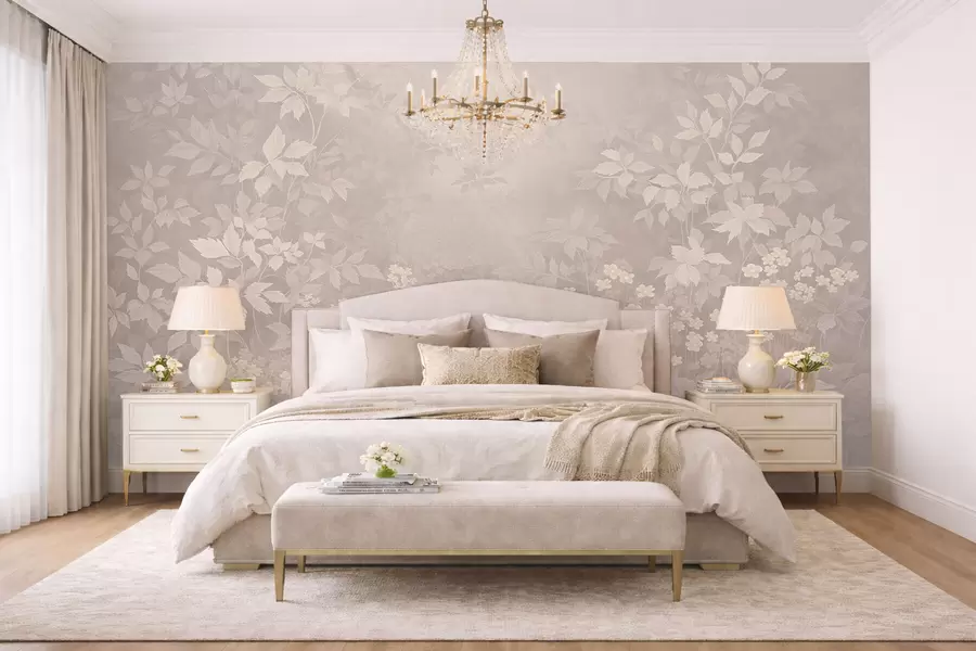 Papier peint Ornement botanique léger avec des feuilles et des petites fleurs w05115