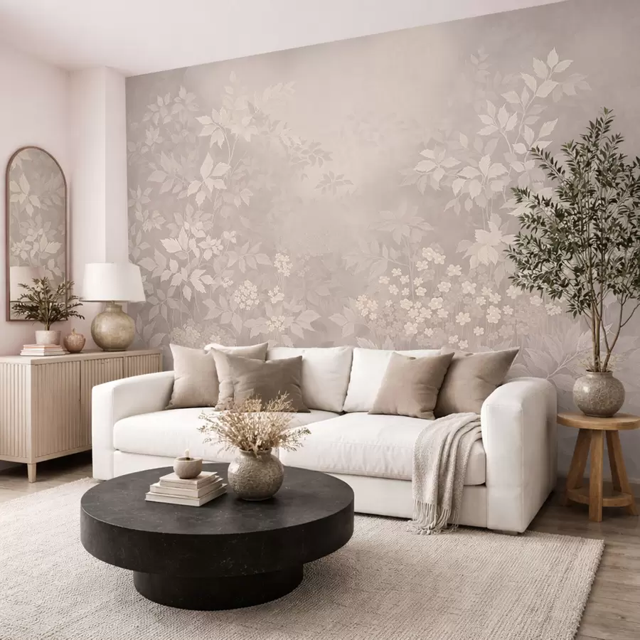 Papier peint Ornement botanique léger avec des feuilles et des petites fleurs w05115