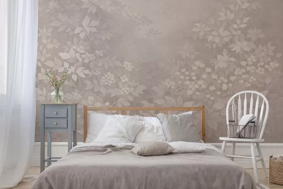 Papier peint Ornement botanique léger avec des feuilles et des petites fleurs w05115